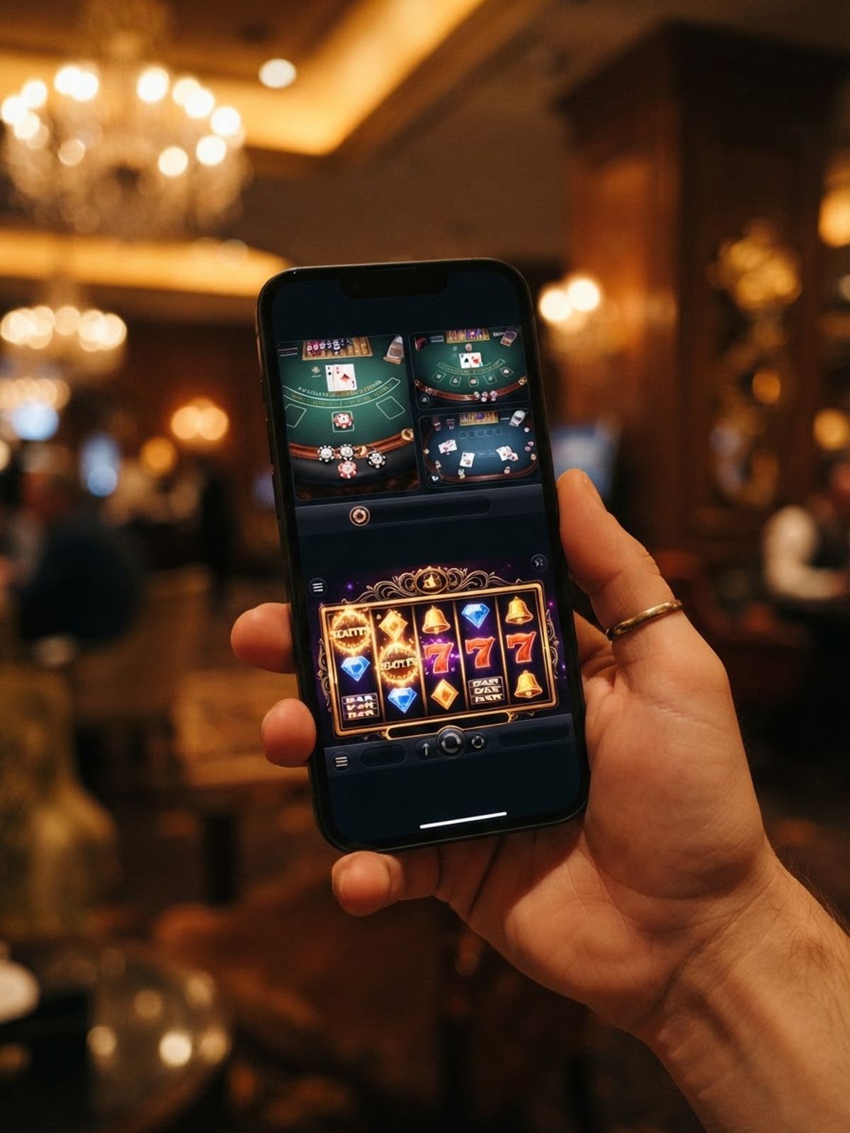 Mobile phone displaying casino games interface